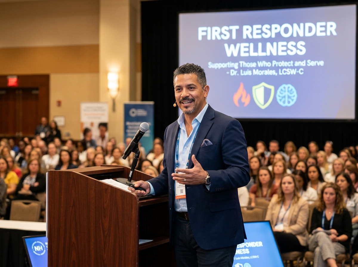 Jesse Diaz-Franco LCSW speaking at a first responder wellness conference
